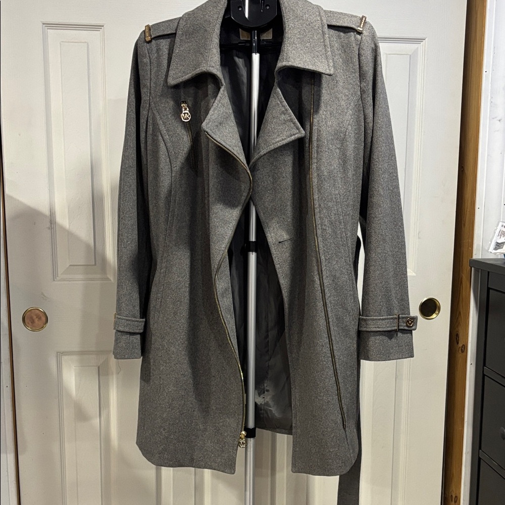 MICHAEL Michael Kors Charcoal Trench Coat with Gold Details - Picture 2 of 14